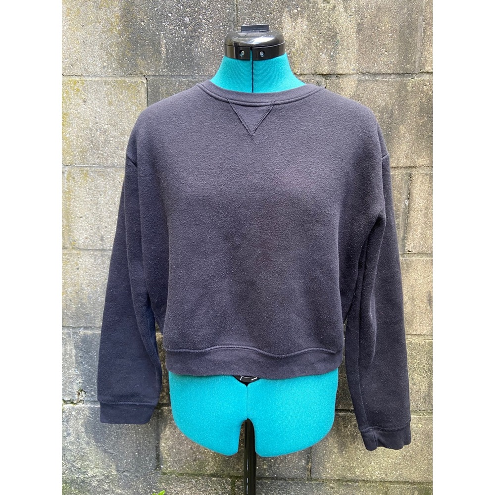 EXIST Womens Crewneck Sweatshirt Black Fleece Crop Pullover Casual Streetwear M